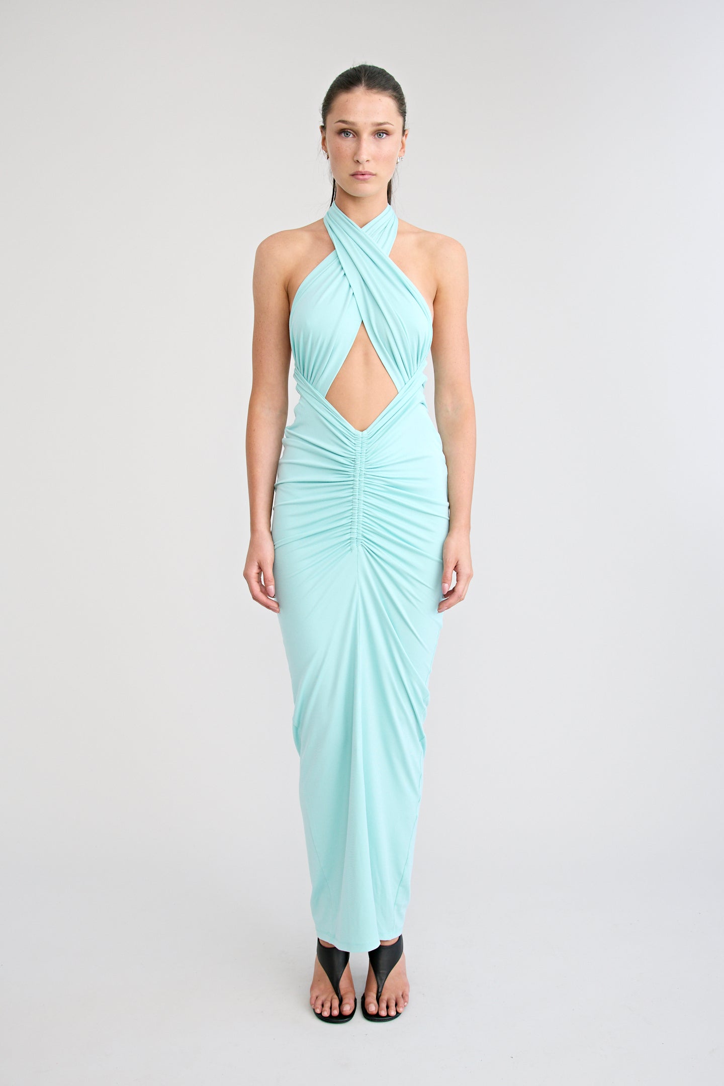 royal blue frill dress Avec Les Filles Women's V-Neck Laced-Up Bias Cut Gown Dress - Aqua main image 0